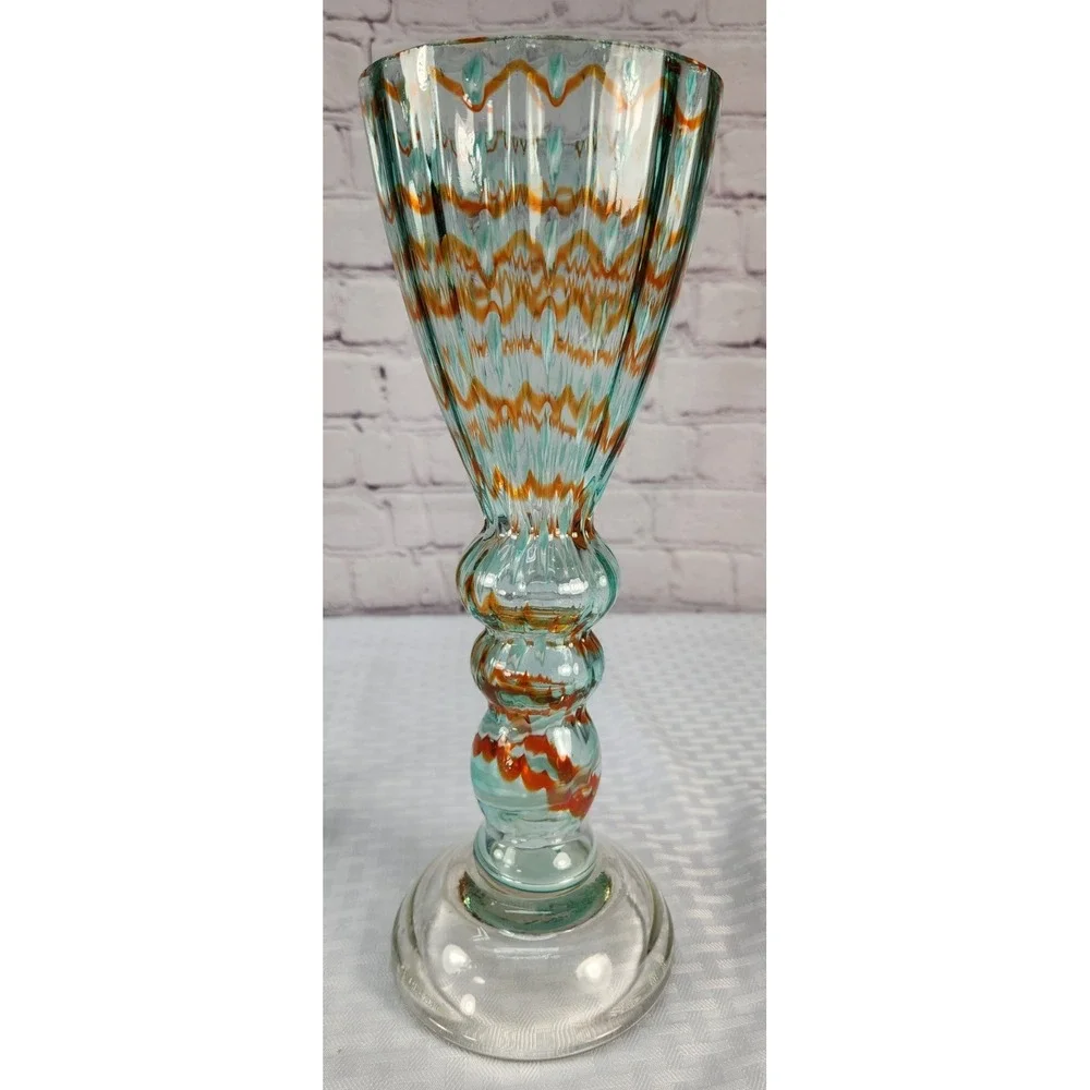 Reversible Art Glass Set Teal & Gold 2-in-1 Pillar Candle Holder or Vase 12